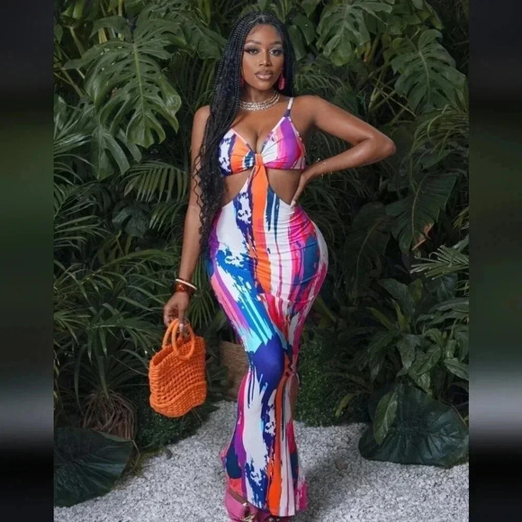 Women Holiday Color Block Tie Dye Print Bodycon Halter Neck Dress With Cutout - Picture 6 of 8